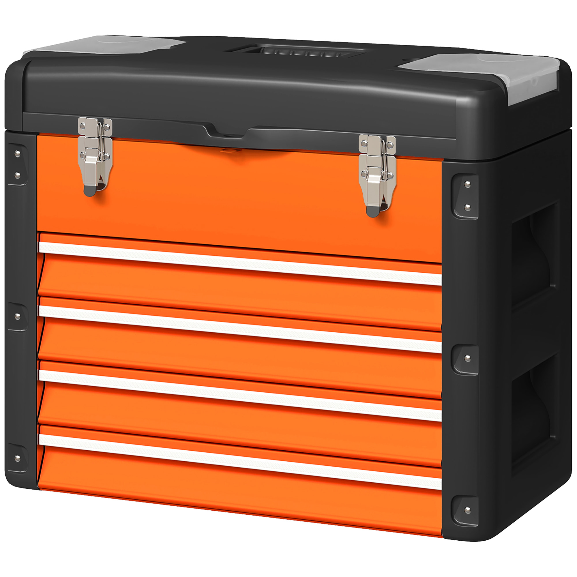 Boîte à outils 4 tiroirs plateau amovible 2 boites visserie acier PP noir orange