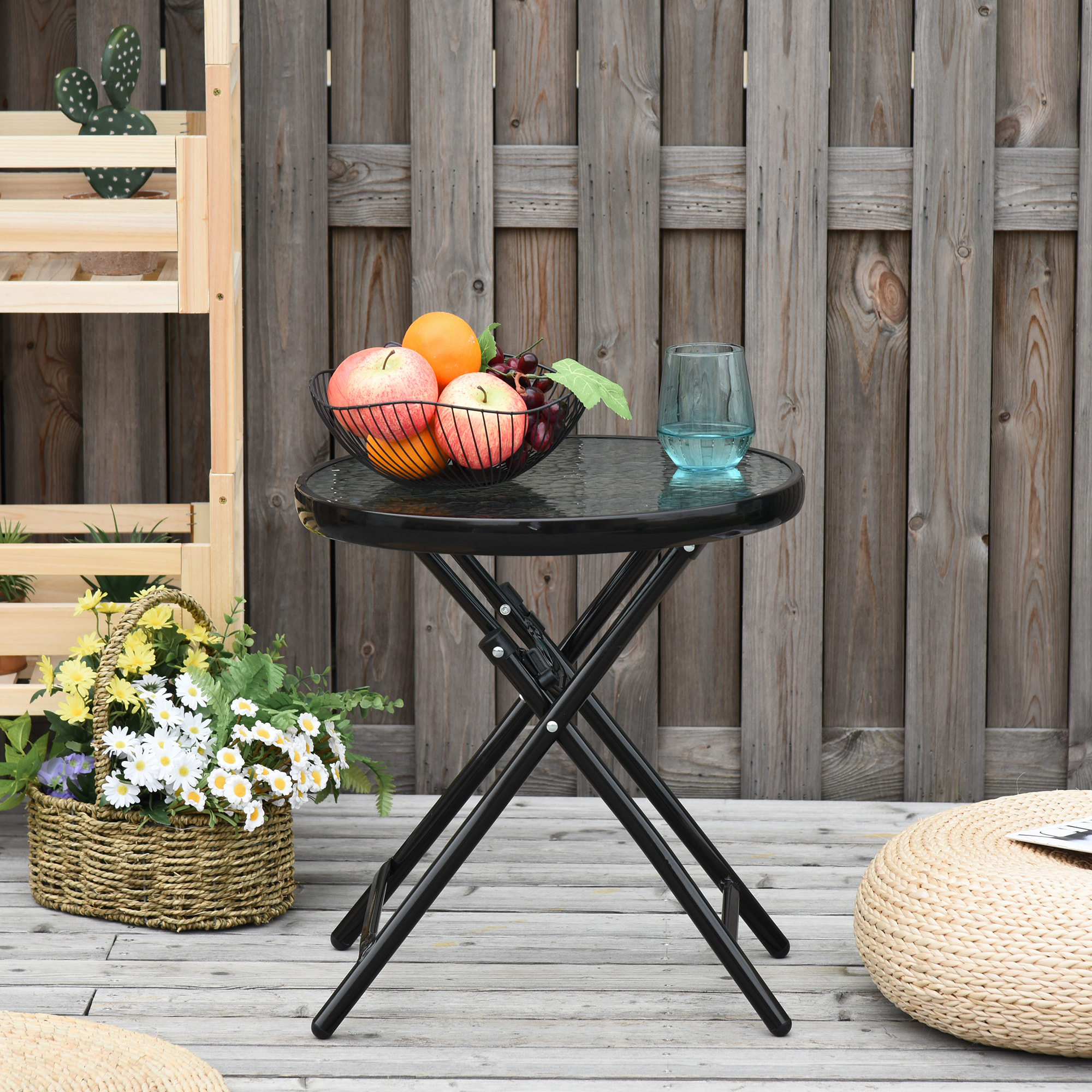 Mesa de Cristal Redonda Plegable con Hebilla de Seguridad Jardín Ø45 cm Negro