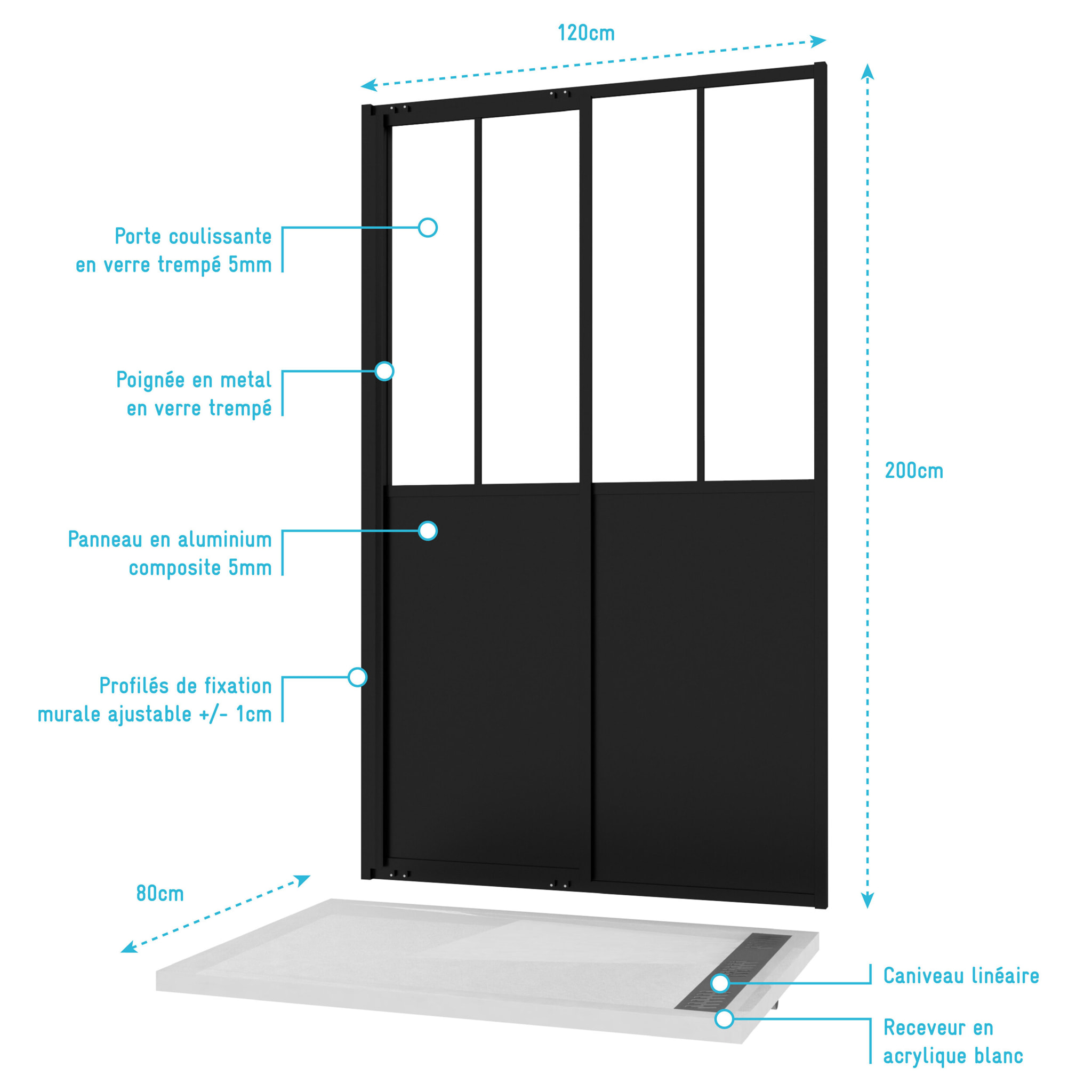 Porte Coulissante Noire Mate 'Atelier' et Receveur à Grille Linéaire Effet Pierre - 120x80x200 cm