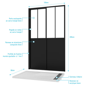 Porte Coulissante Noire Mate 'Atelier' et Receveur à Grille Linéaire Effet Pierre - 120x80x200 cm