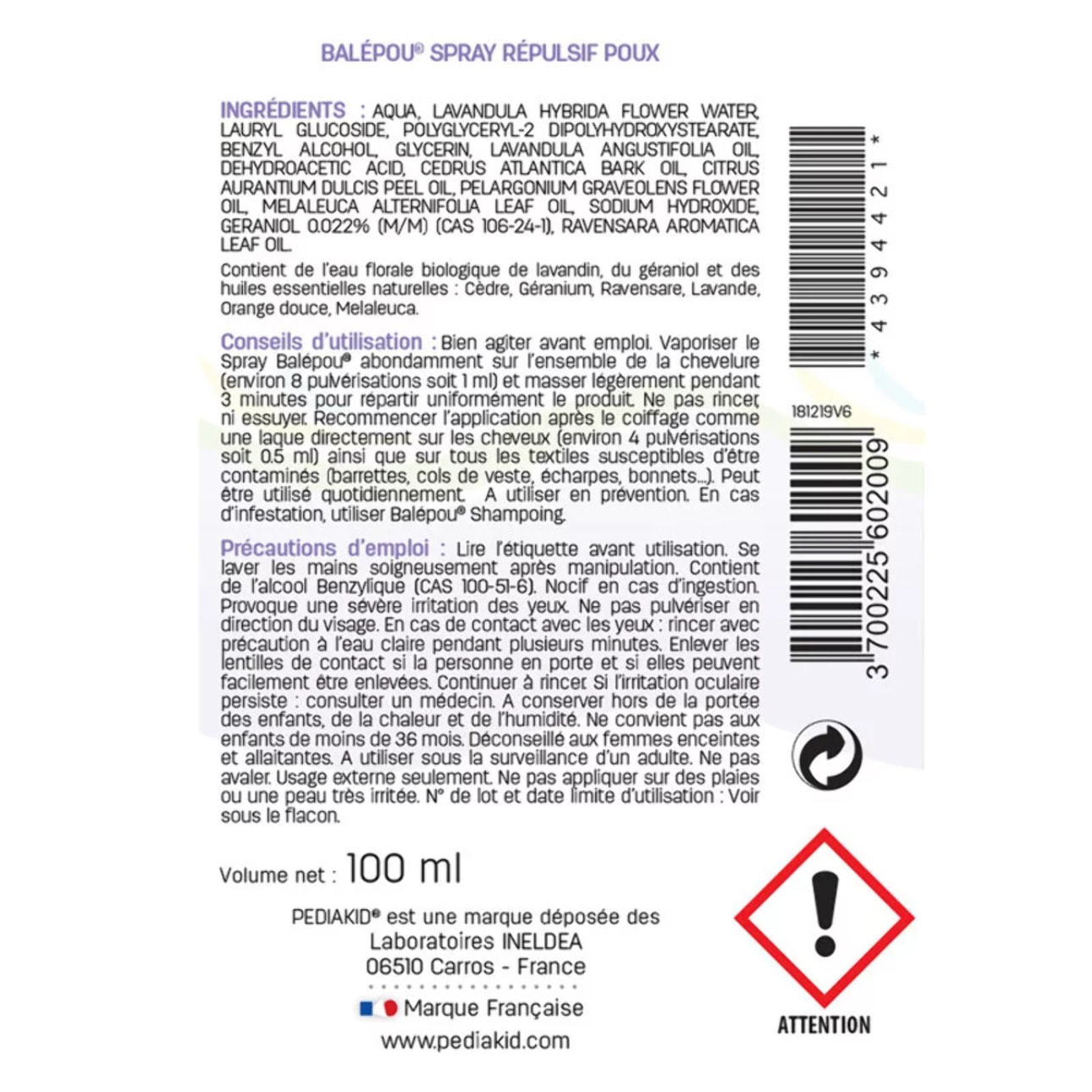 PEDIAKID - Balepou Spray - Action Répulsive contre les Poux - Huiles Essentielles BIO - Spray de 100ml - Lot de 3