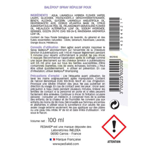 PEDIAKID - Balepou Spray - Action Répulsive contre les Poux - Huiles Essentielles BIO - Spray de 100ml - Lot de 3