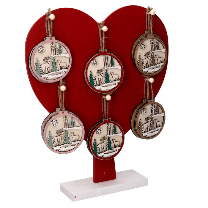 Espositore a forma di cuore in legno con 12 addobbi renna cm29x6,5h35