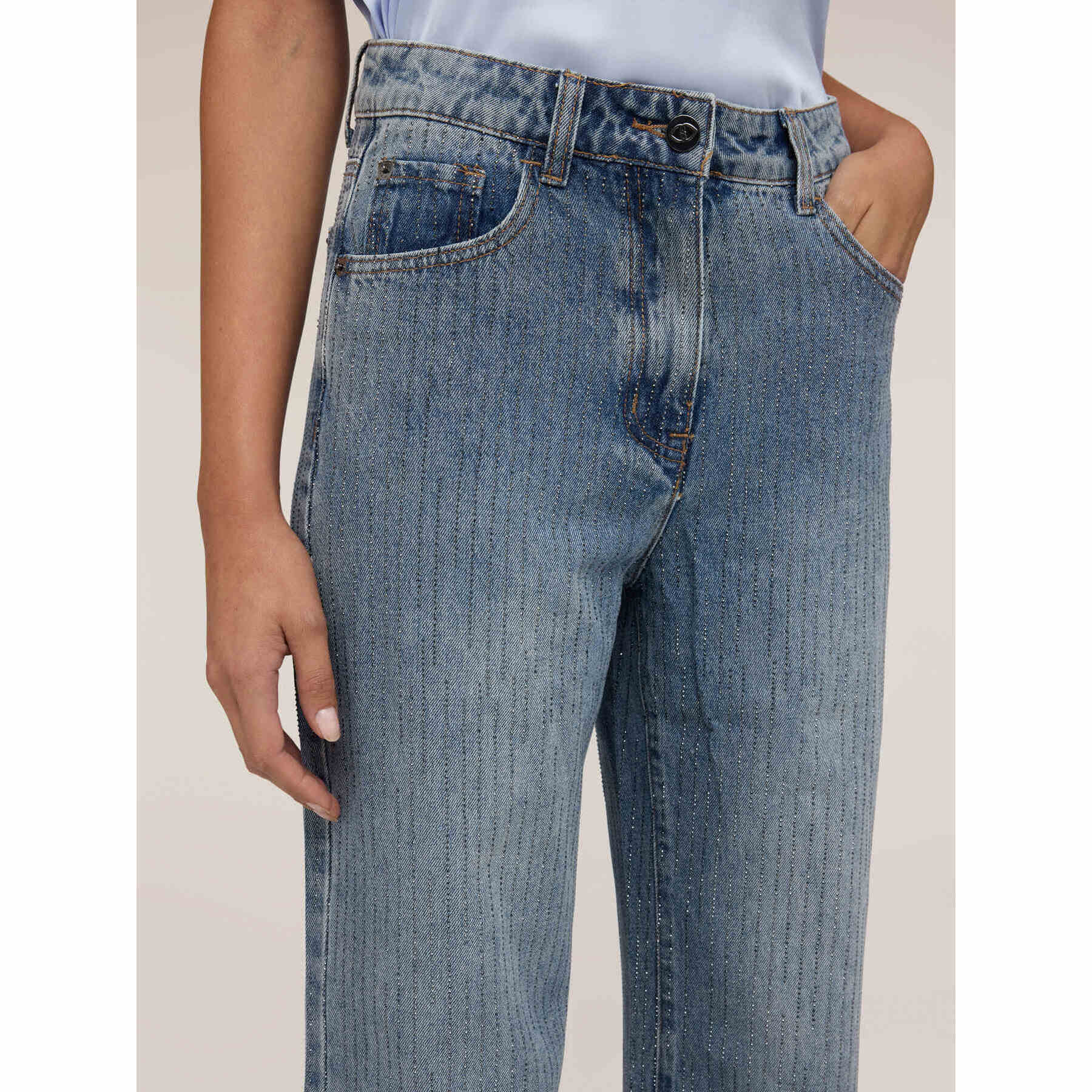 Motivi - Jeans palazzo vita alta con strass - Azzurro