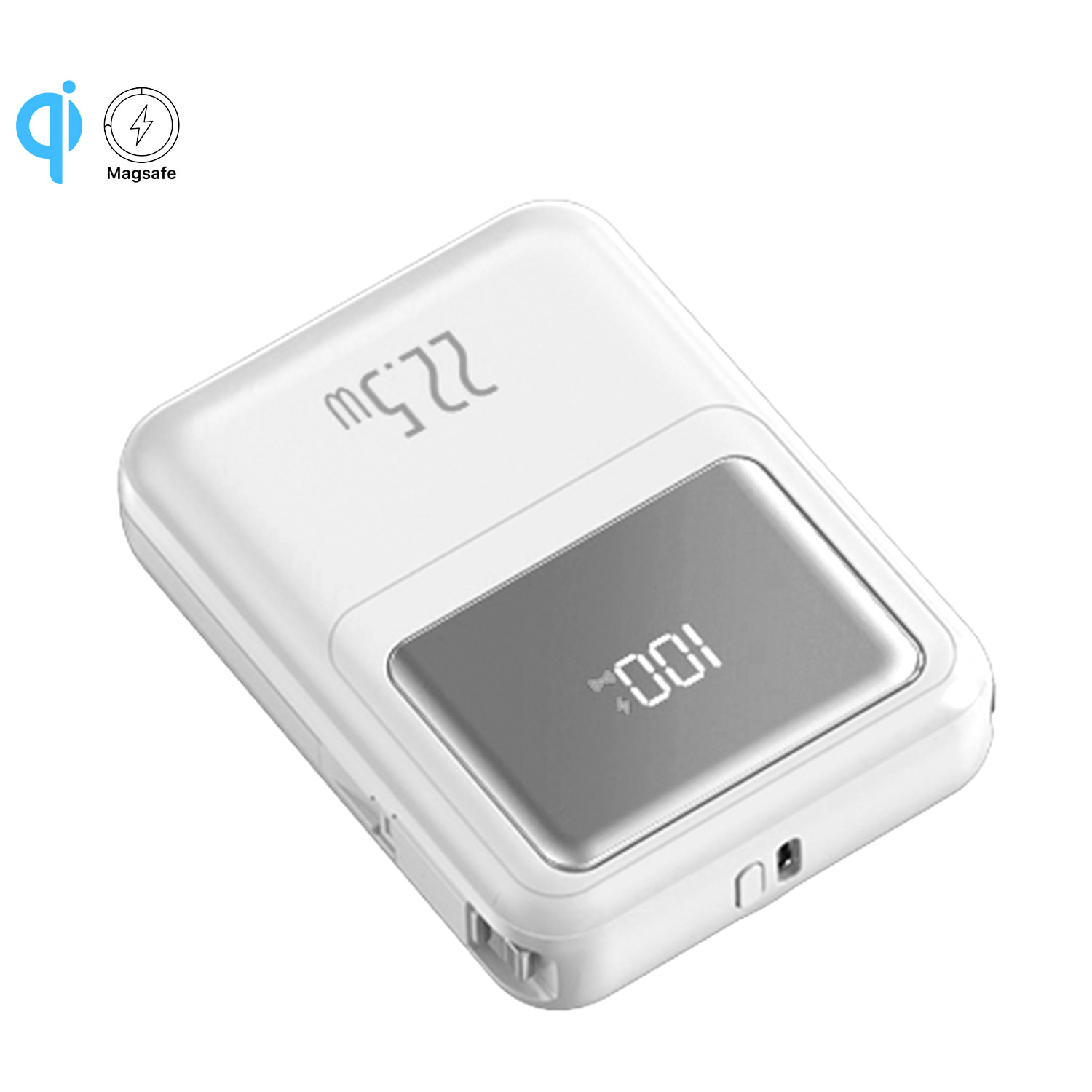 Powerbank 10.000mAh con ricarica rapida PD22,5W e ricarica wireless da 15W. Cavi USB-C e Lightning integrati. Schermo LED di carica.