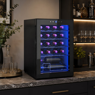 HOMCOM Vinoteca 20 Botellas, Nevera para Vinos con Compresor, Puerta de Doble Cristal Anti-UV, Temperatura 5-18°C, Pantalla Táctil, 4 Estantes Regulables, Luz LED Interior, Silenciosa 39DB, Negro