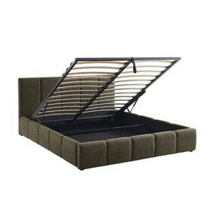 Lit coffre double avec sommier à lattes et tête de lit kaki 160 x 200 cm bouclette texturée - Lex