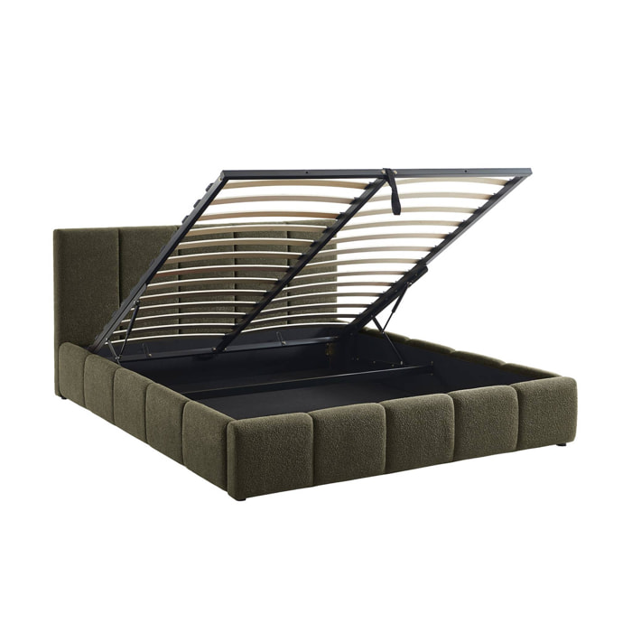 Lit coffre double avec sommier à lattes et tête de lit kaki 160 x 200 cm bouclette texturée - Lex