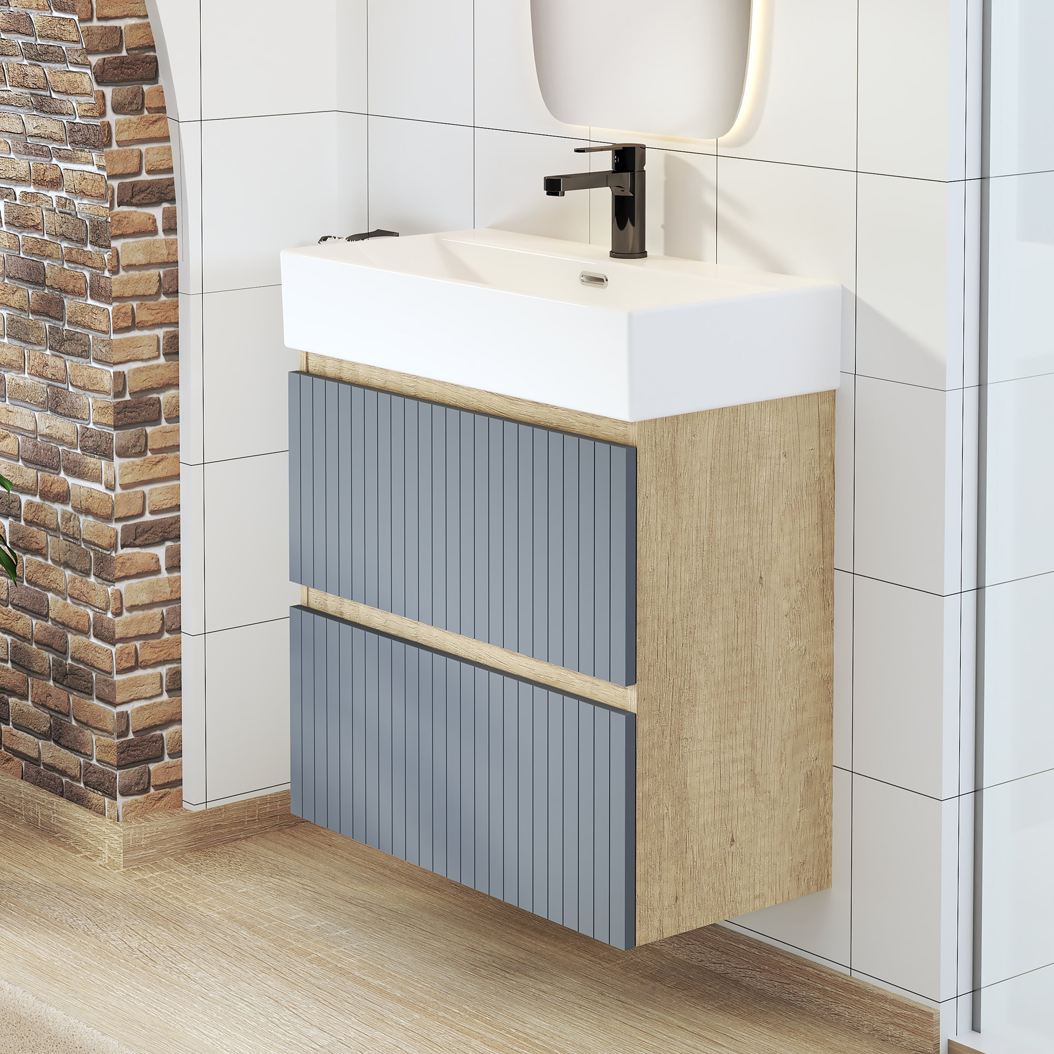 Conjunto de Baño Zel | Mueble Suspendido | 70 cm Azul | Dos Cajones | Lavabo Encastrado | No incluye Espejo | Mueble Montado| Alday