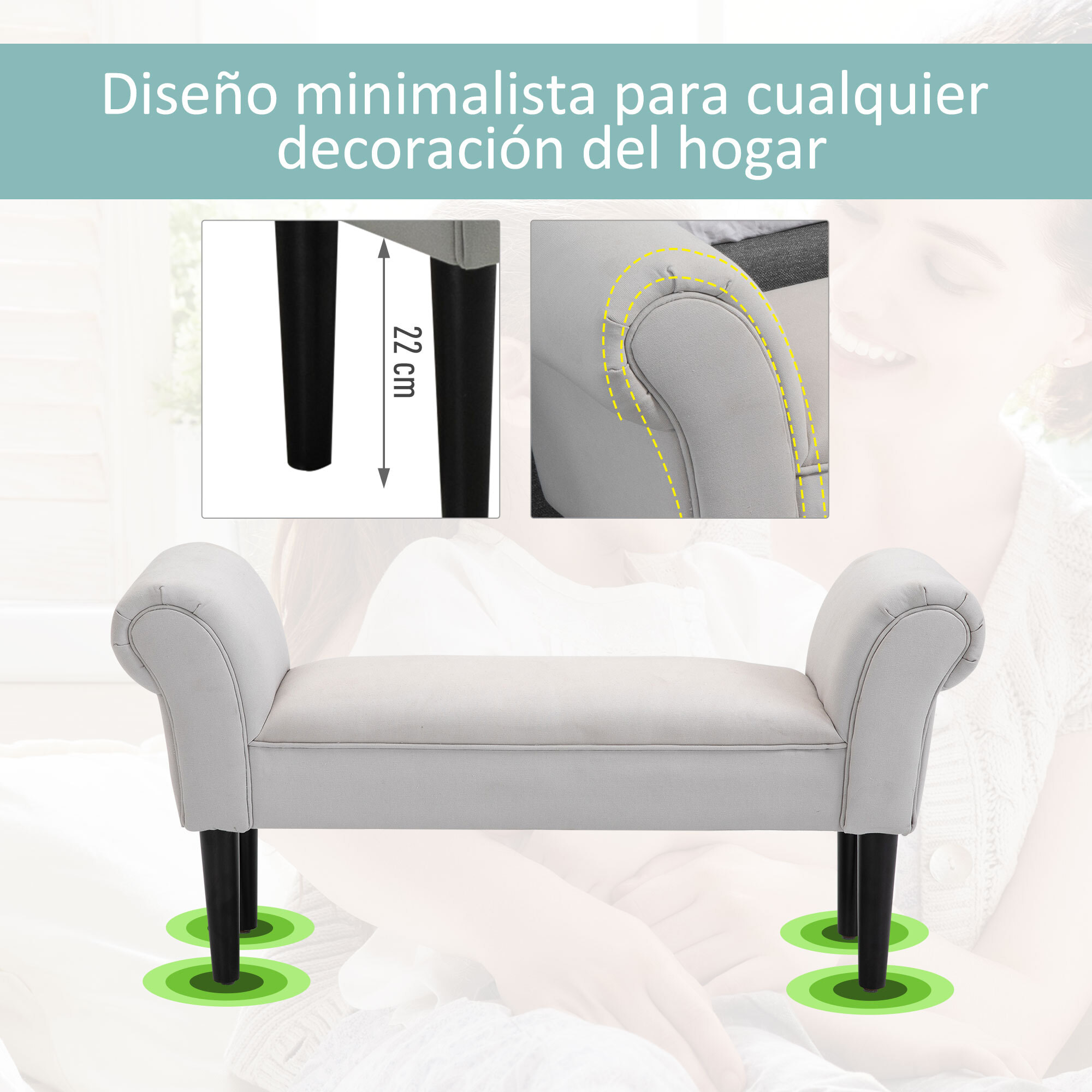 Taburete Pie de Cama Banqueta con Brazos Tapizada tipo Banco de Madera para Dormitorio Salón Recibidor 102x36x51cm Carga 130kg