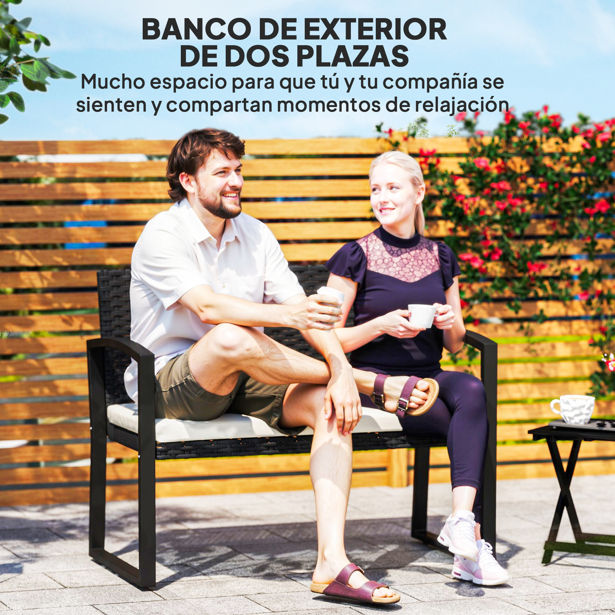 Banco de Jardín de Ratán Sintético de 2 Plazas Banco de Exterior con Cojín y Reposabrazos Carga 240 kg para Terraza Patio 103x58x78 cm Negro y Beige