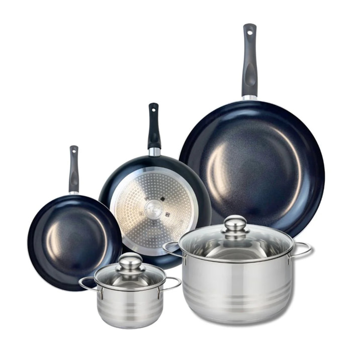 Ensemble de 3 Poêles de cuisson 20, 24 et 32 cm et 2 faitouts 14 et 24 cm Elo Prima Brillant