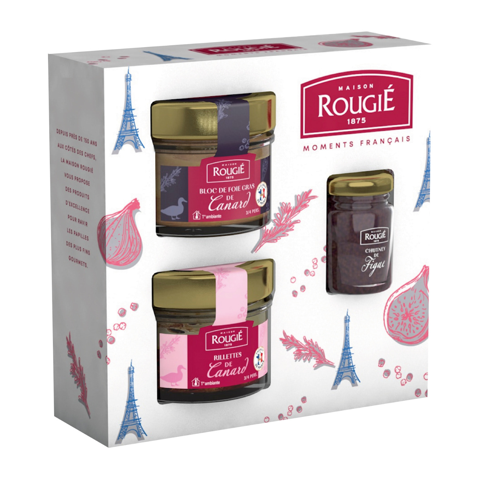 Coffret Souvenir de France: bloc de foie gras de canard, chutney et rillettes - 230g