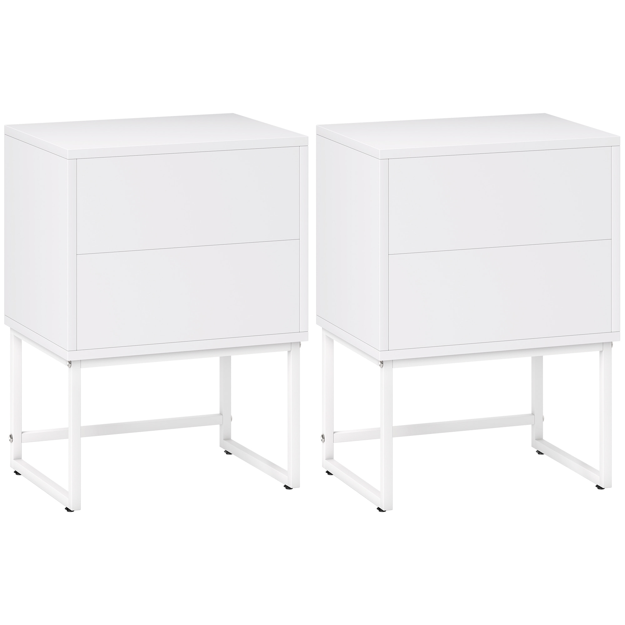 Pack de 2 Mesitas de Noche Estrechas Mesillas de Noche Dormitorio con 2 Cajones Apertura por Presión y Patas de Acero Estilo Moderno 40x30x55 cm Blanco