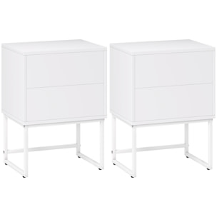 Pack de 2 Mesitas de Noche Estrechas Mesillas de Noche Dormitorio con 2 Cajones Apertura por Presión y Patas de Acero Estilo Moderno 40x30x55 cm Blanco