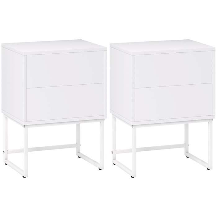 Pack de 2 Mesitas de Noche Estrechas Mesillas de Noche Dormitorio con 2 Cajones Apertura por Presión y Patas de Acero Estilo Moderno 40x30x55 cm Blanco