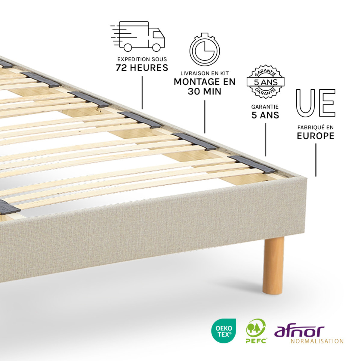 Sommier en kit Lino Technologie Tri-Lattes, Bois Épicéa, H30 cm, Montage Facile, Aération Optimale