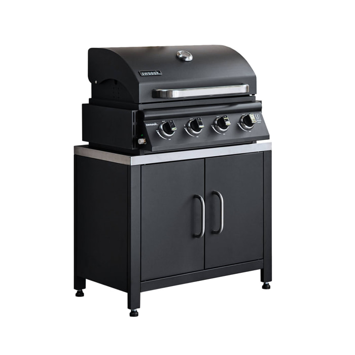 Barbecue à gaz avec 4 brûleurs à poser avec récupérateur de graisse + Meuble de cuisine extérieure en acier L80cm