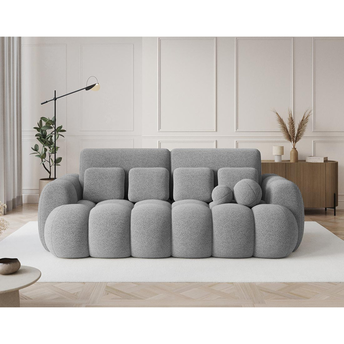 Dorian - Canapé droit 3 places convertible avec coffre en tissu bouclette - Gris clair