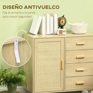 Aparador de Salón Estilo Boho Buffet de Cocina con Puerta de Ratán 4 Cajones y Patas de Madera de Pino para Pasillo Entrada 80x38x80,5 cm Natural