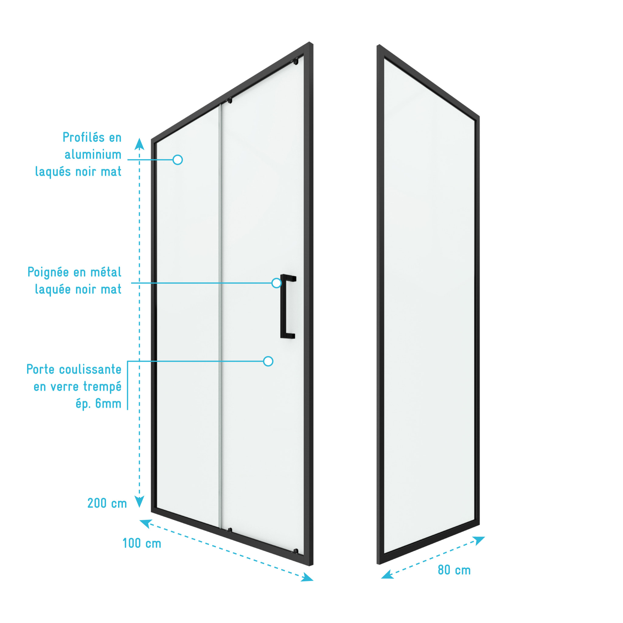 Porte de douche + Retour 100x80x200 cm - Verre 6 mm - Profilé Noir - CRUSH
