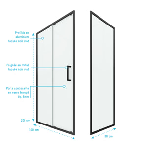 Porte de douche + Retour 100x80x200 cm - Verre 6 mm - Profilé Noir - CRUSH