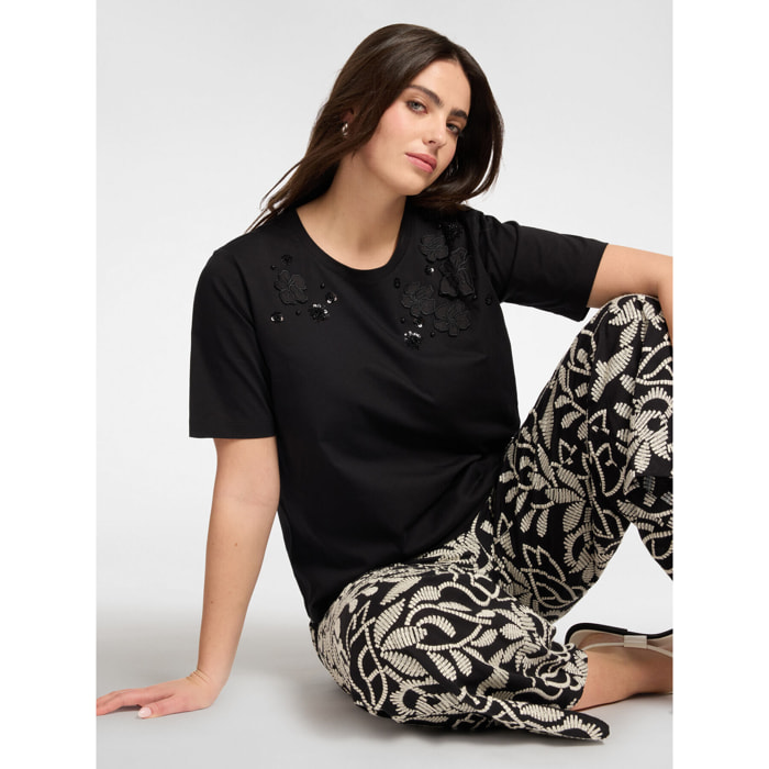Elena Mirò - T-shirt in cotone con applicazioni floreali - Nero