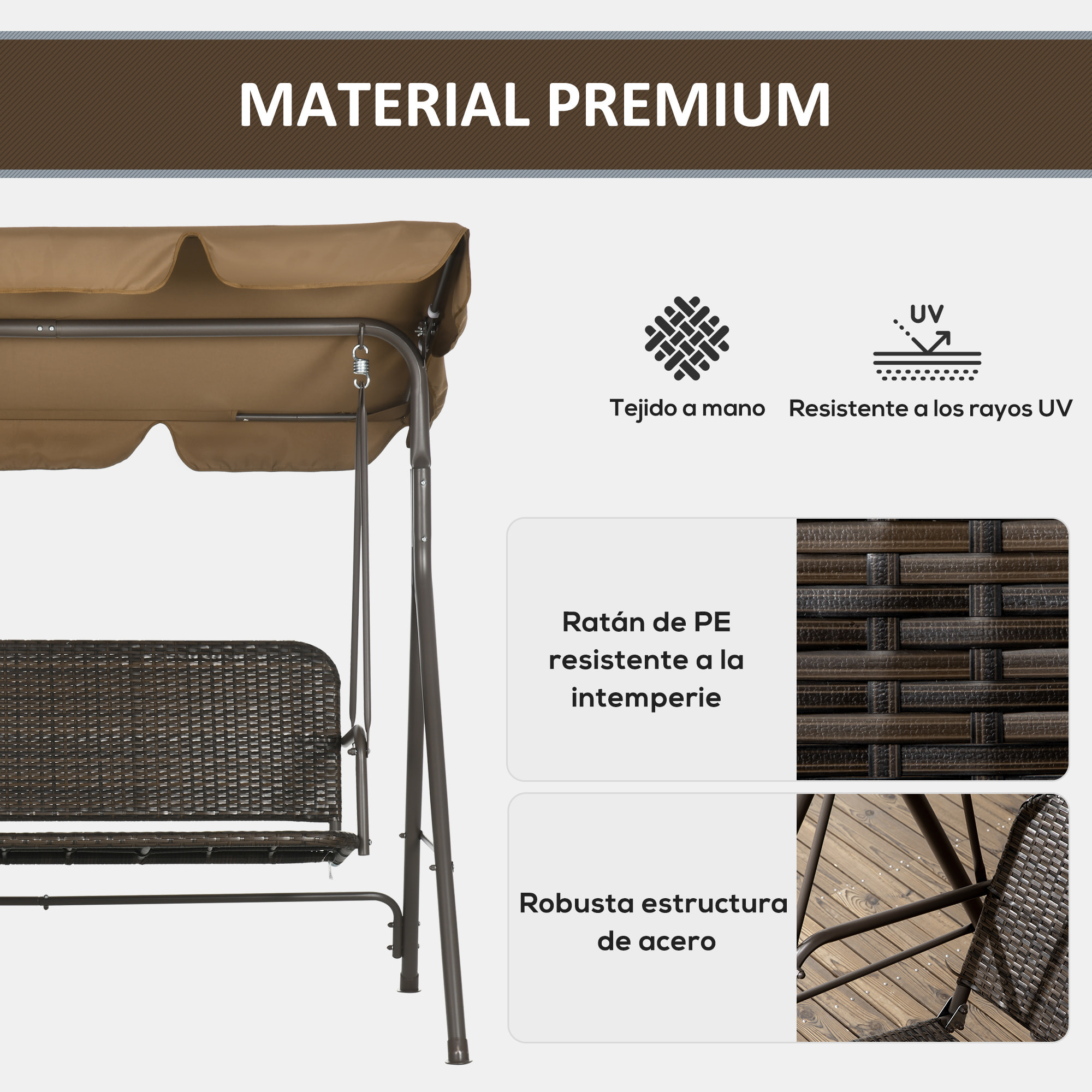 Columpio de Jardín Exterior de 3 Plazas Balancín de Jardín Exterior con Toldo Ajustable Asiento de Ratán PE y Reposabrazos para Balcón Terraza Patio Carga 240 kg 167x112x153 cm Marrón