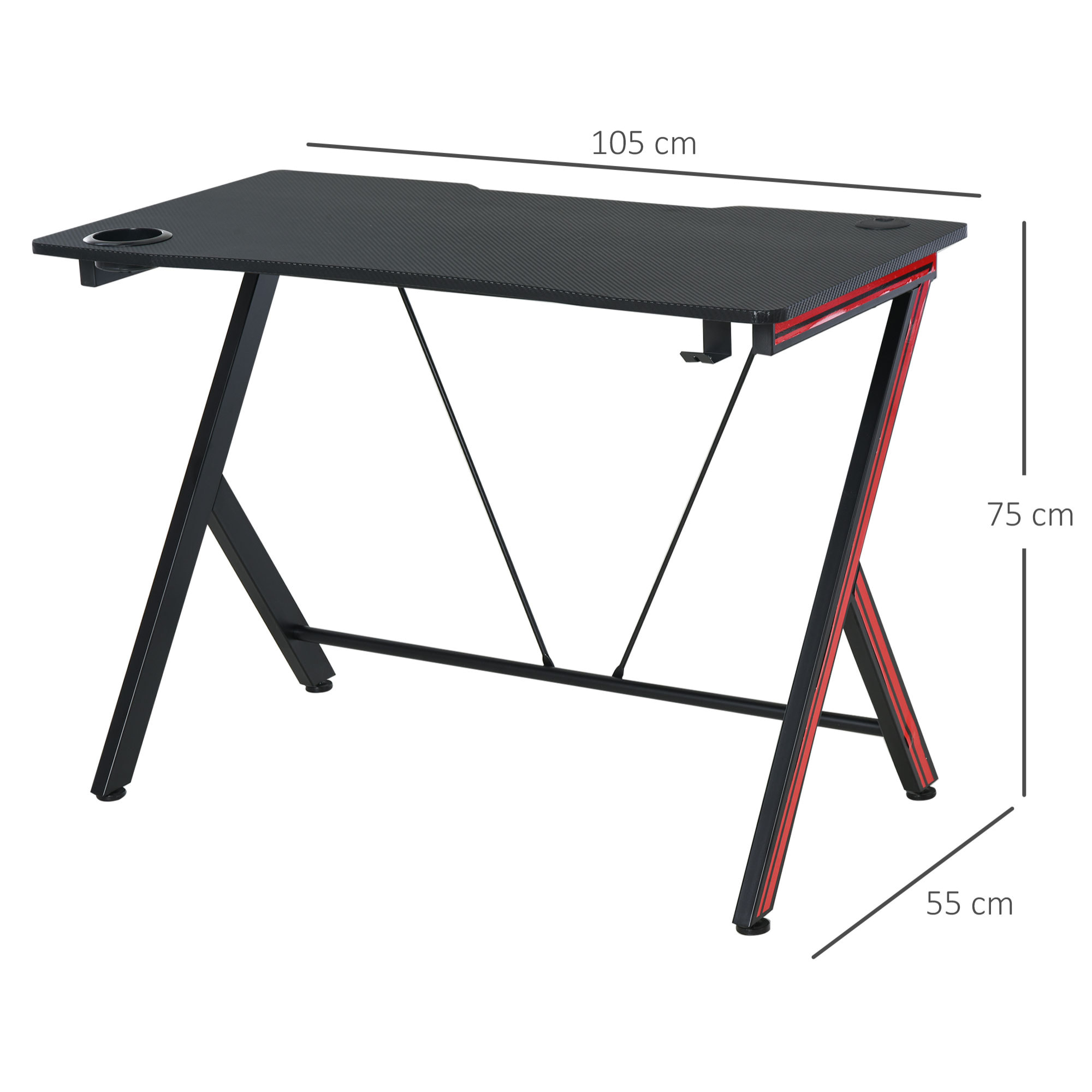 HOMCOM Bureau Gaming Table Bureau pour Ordinateur de Jeu avec Crochet et Porte-Gobelet Patins Réglables 105 x 55 x 75 cm Noir et Rouge