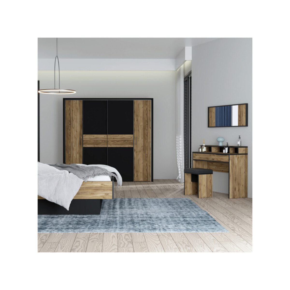 Armoire H209cm 2 portes coulissantes décor épicéa et noir mat - YAL
