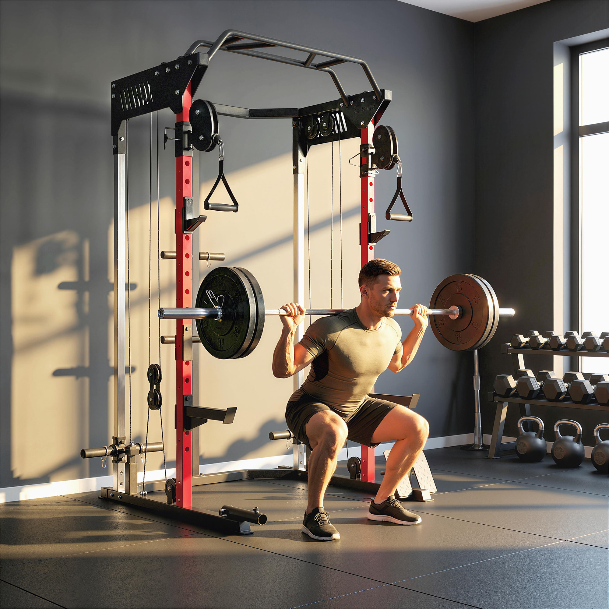 SPORTNOW Jaula de Potencia Musculación con Sistema de Poleas Ajustable, Rack para Sentadillas con Barra de Dominadas, Estación de Fondos, Soporte Barra, para Casa en Gimnasio, Carga 900 kg