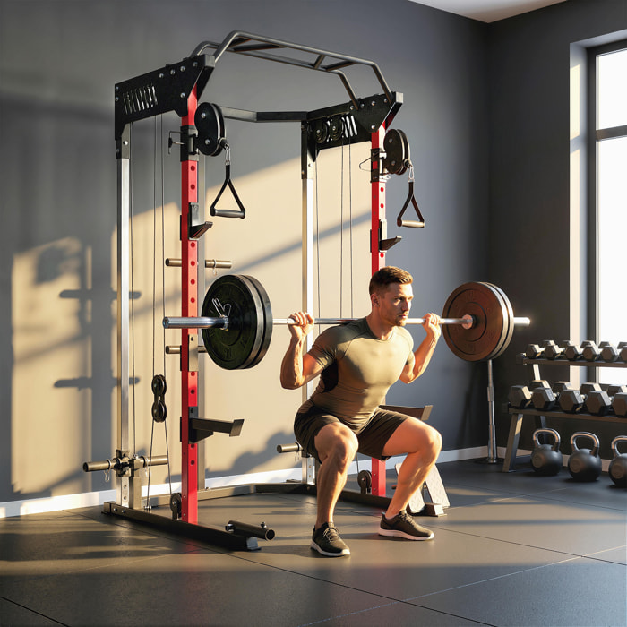 SPORTNOW Jaula de Potencia Musculación con Sistema de Poleas Ajustable, Rack para Sentadillas con Barra de Dominadas, Estación de Fondos, Soporte Barra, para Casa en Gimnasio, Carga 900 kg