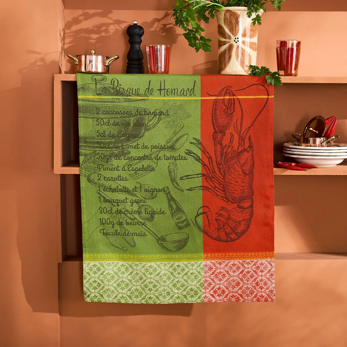Torchon pur coton motif jacquard vert rouge Bisque de homard mousse