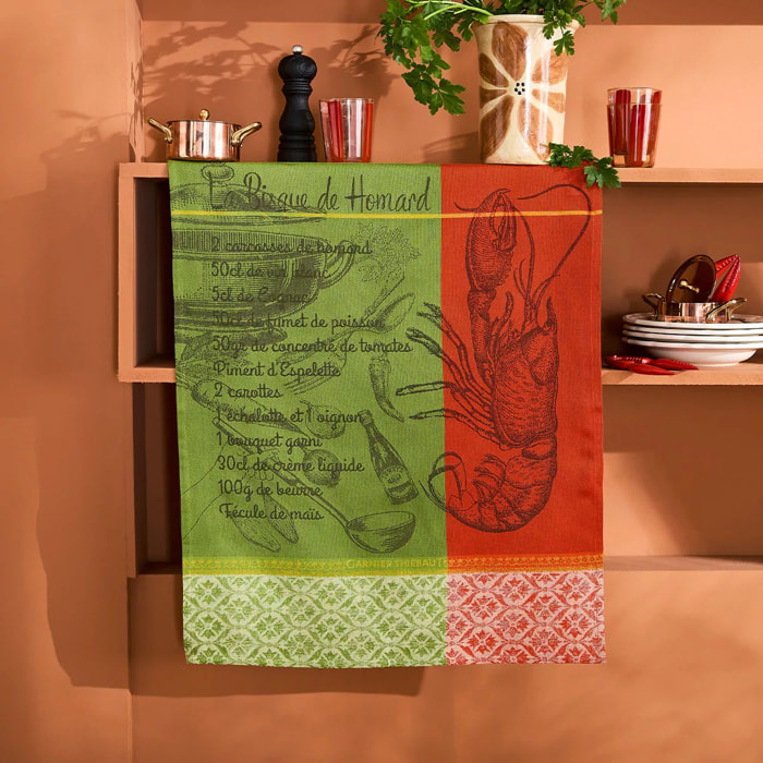 Torchon pur coton motif jacquard vert rouge Bisque de homard mousse