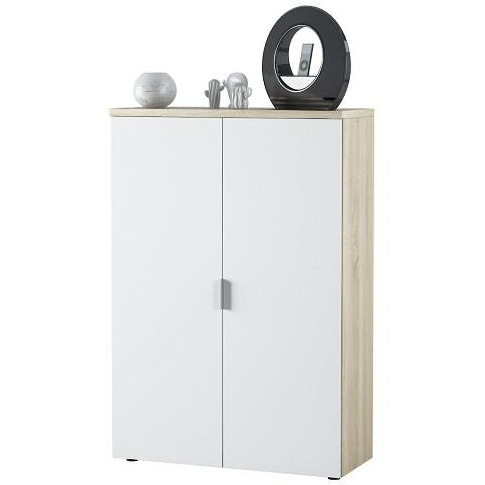 Armadio multiuso Plano, Mobile multiuso a 2 ante, Armadio portascarpe con 3 ripiani, Scarpiera moderna, cm 80x33h119, Rovere e Bianco