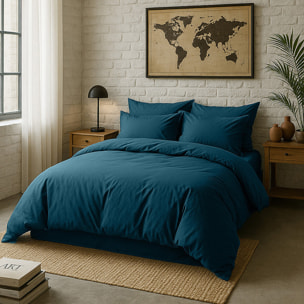 Paire de taies d'oreiller avec volant 100% percale de coton lavé bleu impérial
