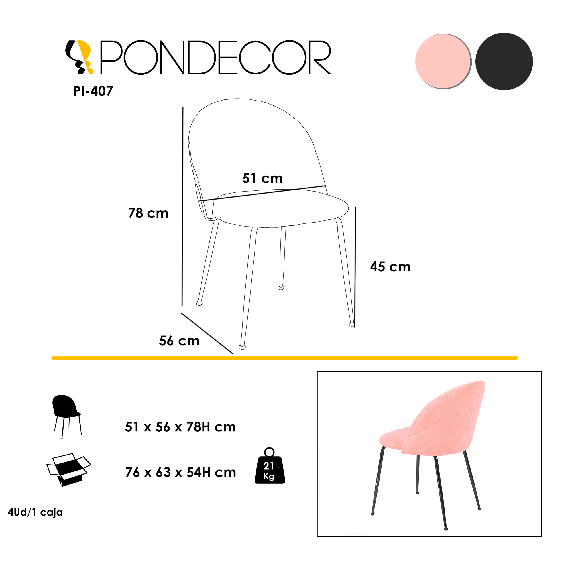 Set de 2 sillas – Terciopelo salmón y estructura negra