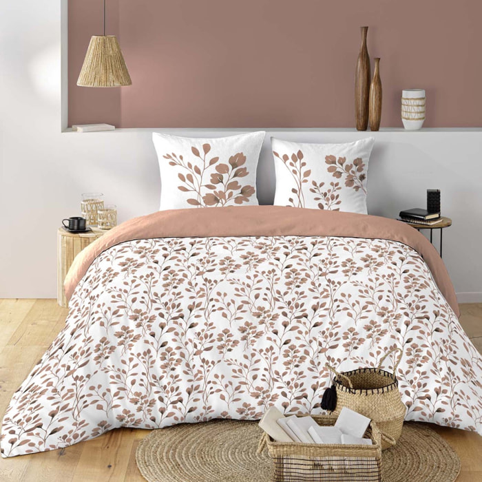 Parure de lit 3 pièces en coton à motif feuillage housse + taies - Rose