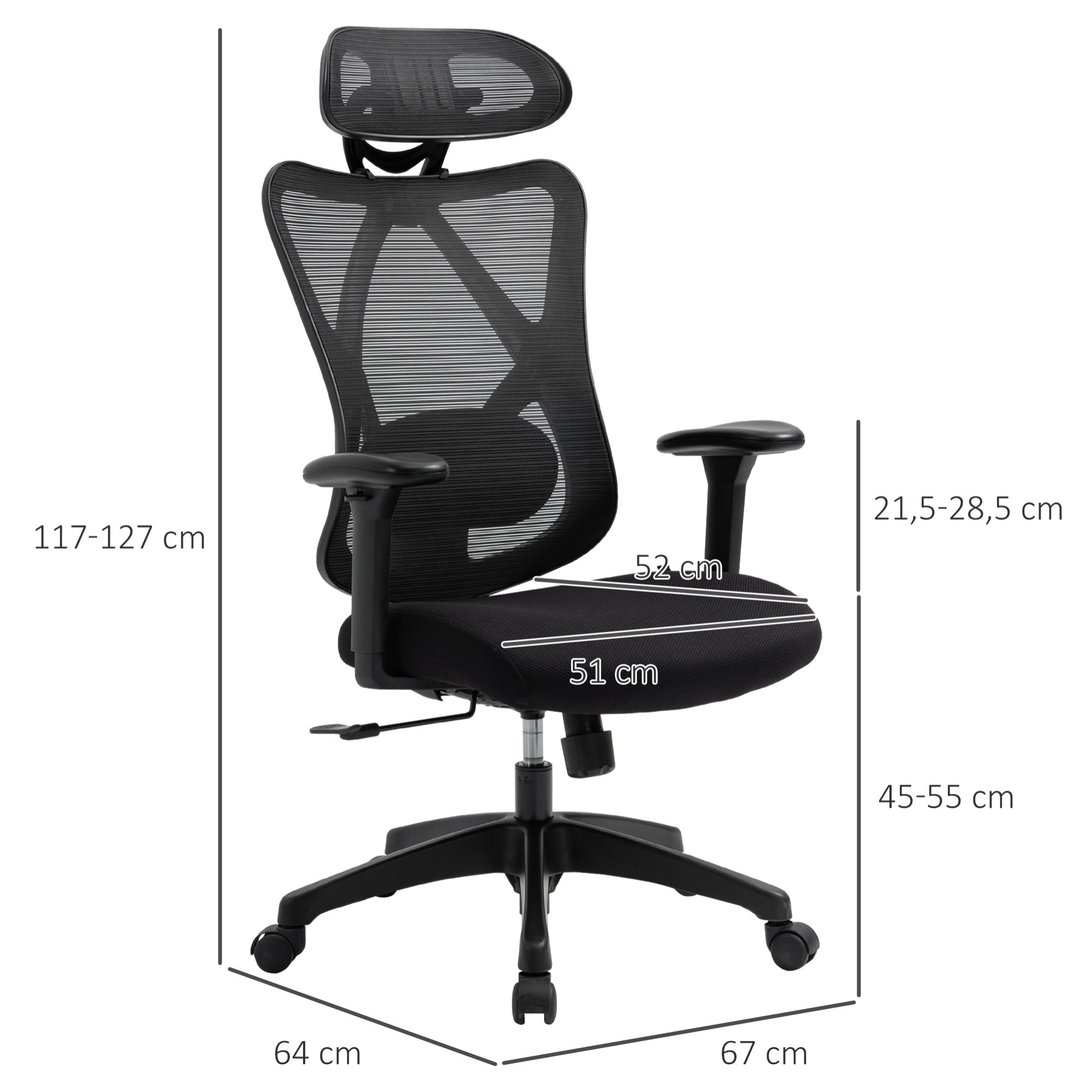 Vinsetto Silla de Oficina Giratoria con Reposabrazos 2D Silla Escritorio Regulable en Altura Reposacabezas Soporte Lumbar y Respaldo Alto Malla Transpirable 67x64x117-127 cm Negro