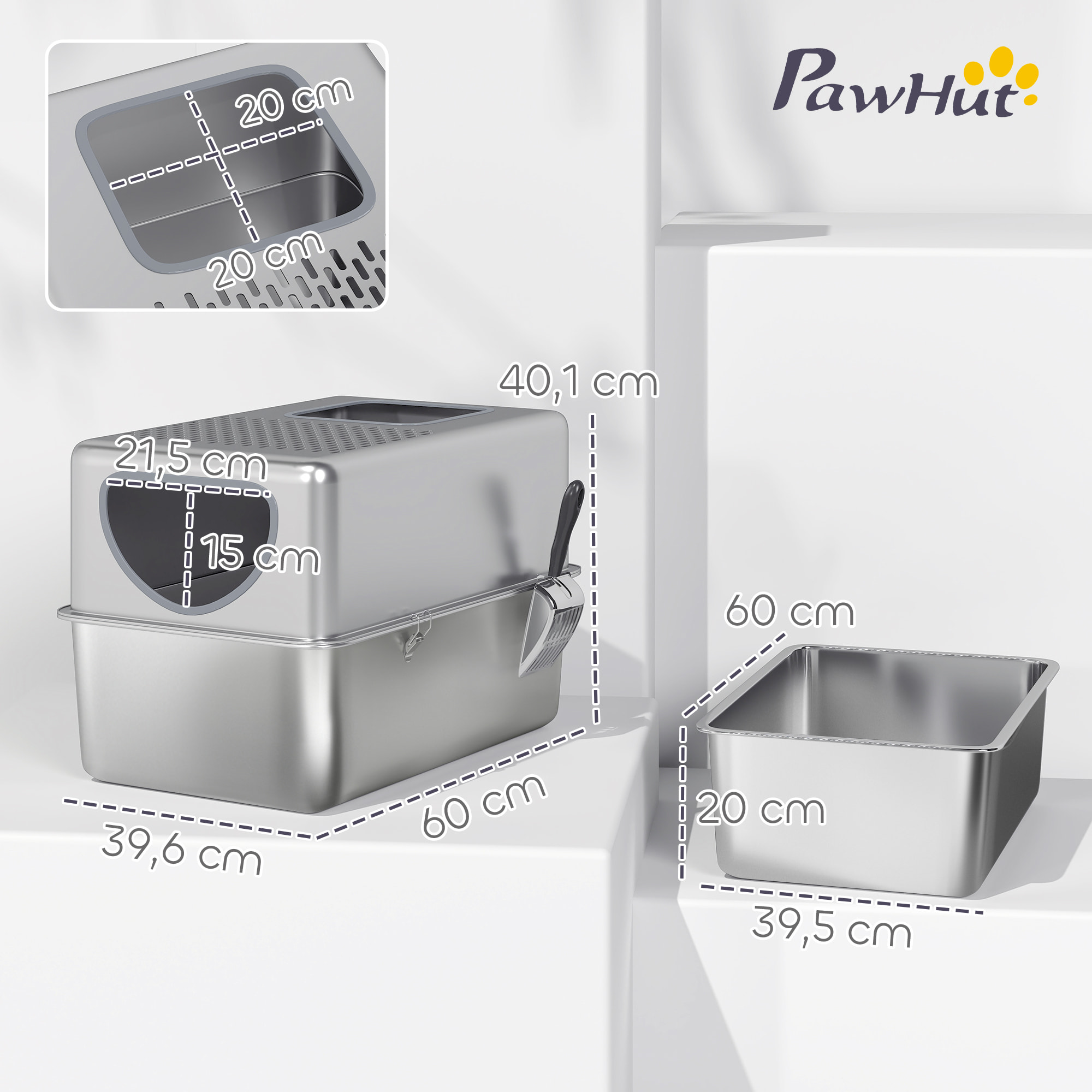 Arenero para Gatos de Acero Inoxidable XL Caja de Arena para Gatos Arenero con Pala Aberturas Dobles Fácil de Limpiar Plata