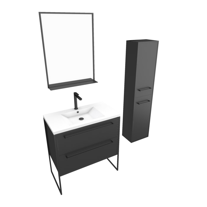 Pack meuble de salle de bain 80x50 cm Noir - 2 tiroirs - vasque blanche - miroir - colonne suspendu