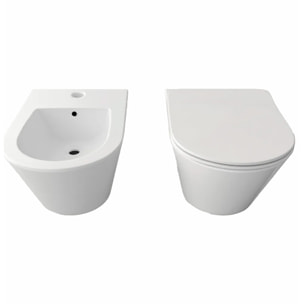 Coppia Sanitari Sospesi Vaso WC Rimless Con Tornado Flush E Bidet Sospeso Moderno Tondo In Ceramica Con Copriwater Chiusura Soft Close Bianco Opaco
