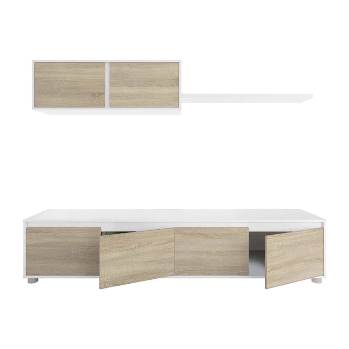 Parete attrezzata Amir, Mobile da soggiorno porta TV, Composizione set salotto, Set salotto con pensile, 200x41h43 cm, Bianco e Rovere