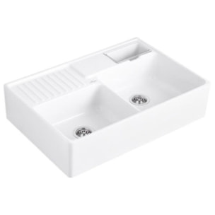 Evier timbre d'office Tradition 2 bacs 89,5 x 63 céramique vidage manuel blanc + Cache bonde anthracite