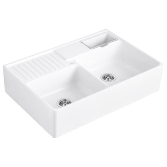 Evier timbre d'office Tradition 2 bacs 89,5 x 63 céramique vidage manuel blanc + Cache bonde anthracite