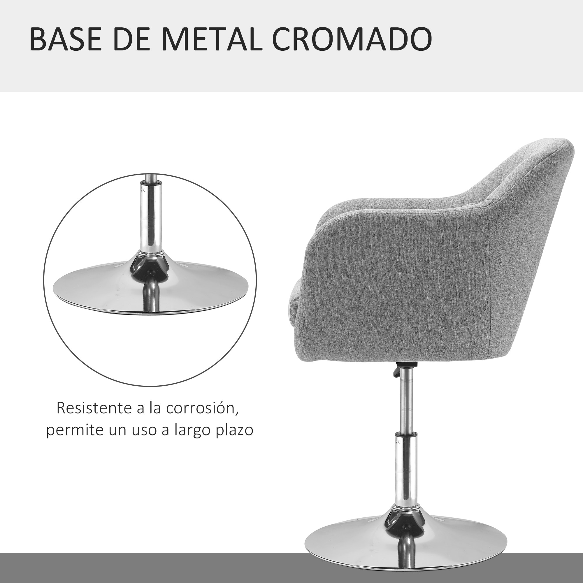 HOMCOM Taburete de Bar Giratoria 360° Silla de Oficina Cocina Peluquería con Altura Ajustable Respaldo Envolvente Reposabrazos y Cojín 60x60x79-91 cm Gris