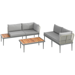 Salon de jardin design modulable 4 places 3 pièces acier coussins gris étagère plateau bois acacia