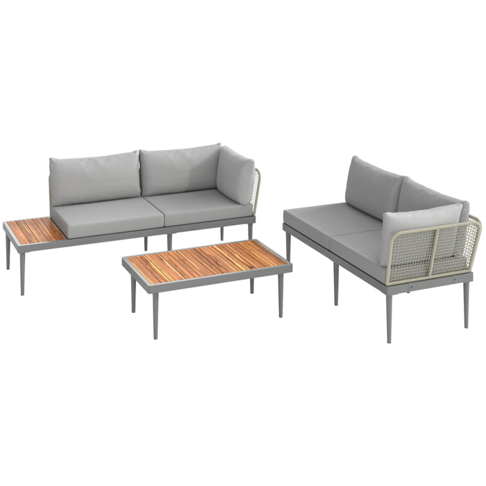 Salon de jardin design modulable 4 places 3 pièces acier coussins gris étagère plateau bois acacia