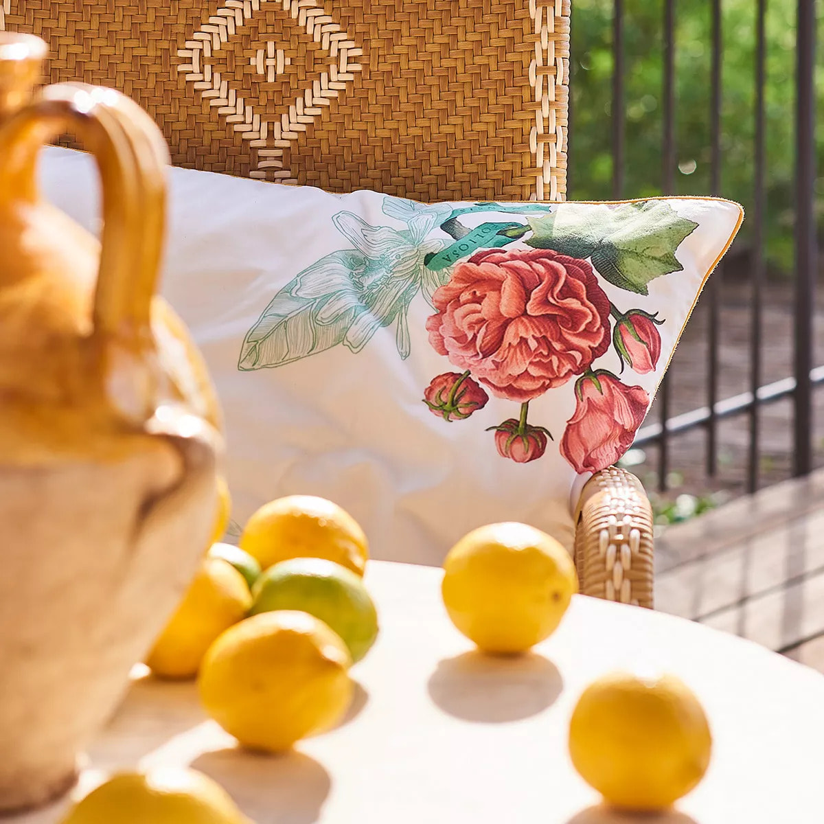 Taie d'oreiller percale de coton lavé imprimé jaune rose Citrons de menton romance