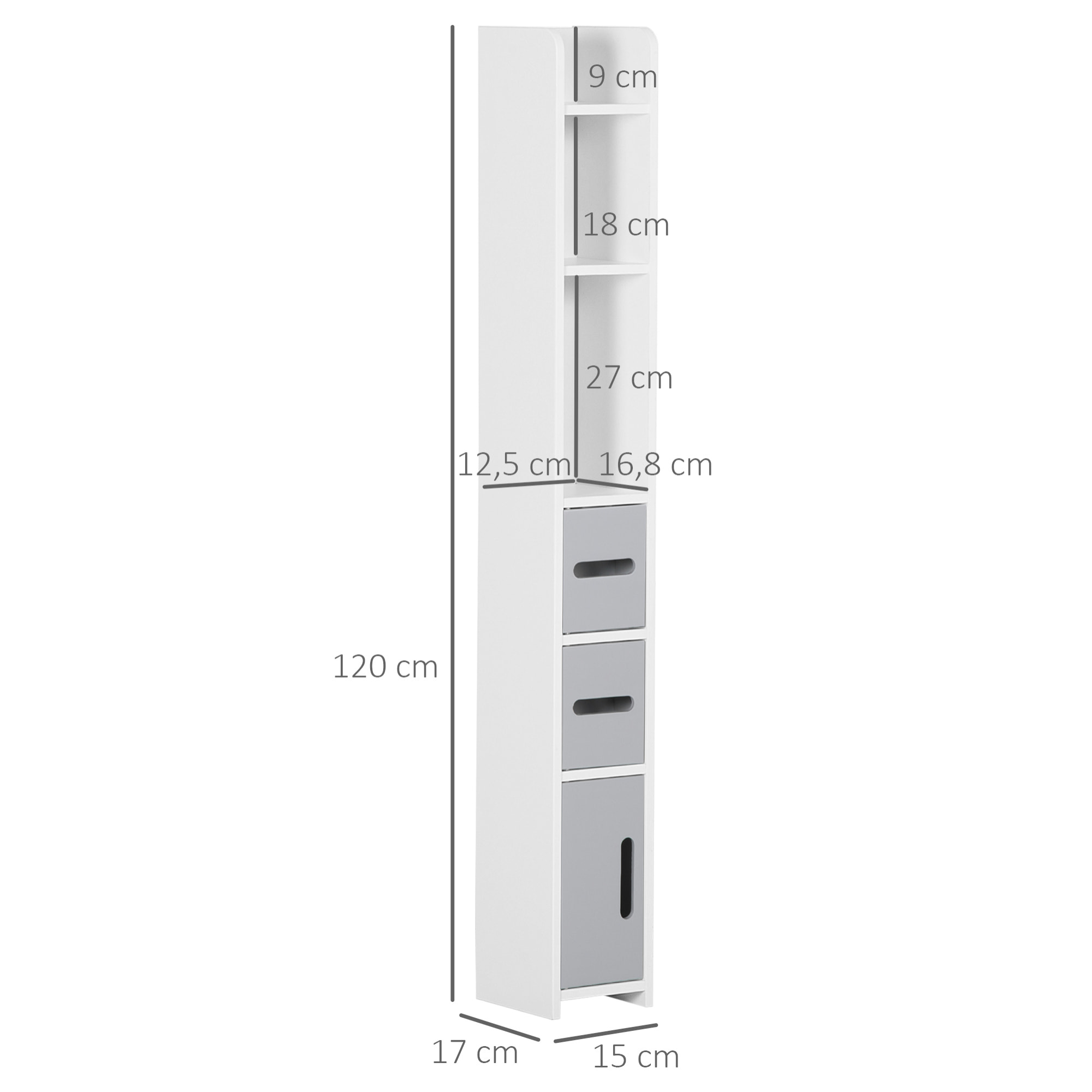 kleankin Armario Alto de Baño con 3 Puertas y 3 Estantes Abiertos Columna Auxiliar de Baño para Salón Aseo Dormitorio Estilo Moderno 15x17x120 cm Gris